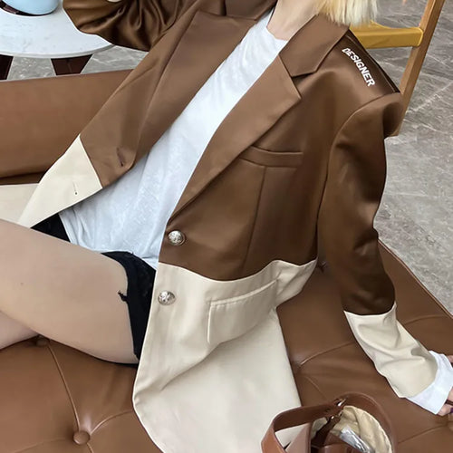 Load image into Gallery viewer, Hit Color Loose Blazers For Women Notched Collar Long Sleeve Patchwork Zipper Casual Fashion Blazer Female Clothing
