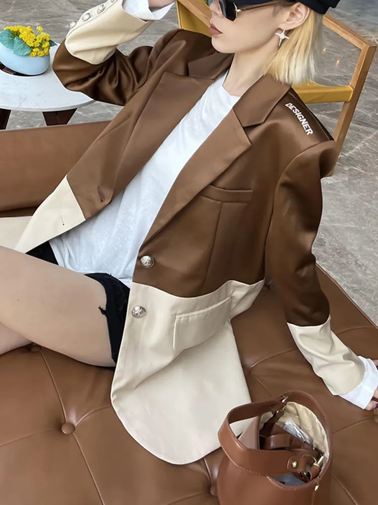 Hit Color Loose Blazers For Women Notched Collar Long Sleeve Patchwork Zipper Casual Fashion Blazer Female Clothing