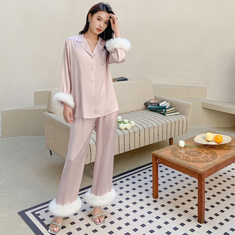 Luxury Pajamas Women's Spring Summer Feather Splicing Satin Chiffon Home Clothes Female Casual Long Sleeve Sleepwear Set