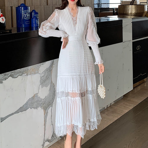 Load image into Gallery viewer, Temperament Dresses For Women V Neck Long Sleeve High Waist Folds Tunic Spliced Lace Summer Dress Female Fashion
