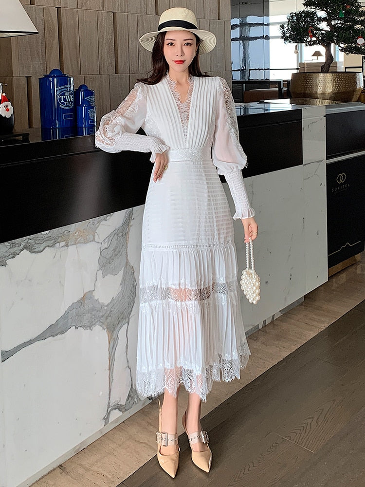 Temperament Dresses For Women V Neck Long Sleeve High Waist Folds Tunic Spliced Lace Summer Dress Female Fashion