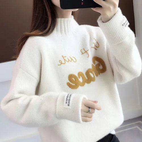 Load image into Gallery viewer, Women Half Turtleneck Sweater Autumn Fashion Letter Loose Pullover Knit Jumper Long Sleeve Letter Top Casual Warm Blouse
