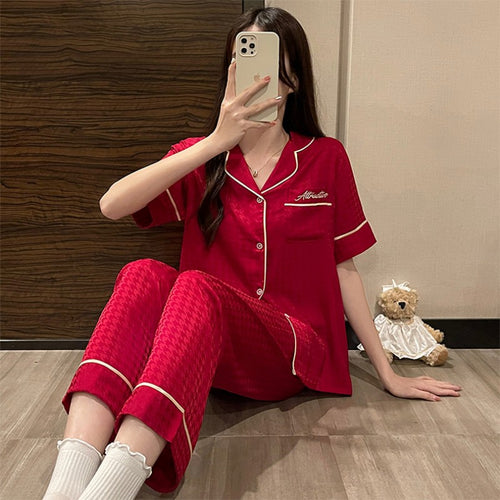 Load image into Gallery viewer, Lapel Neck Silk Like Pajamas Women&#39;s Summer Cool Silky Slim Thousand-bird Lattice Jacquard Short Sleeve Pants Home Suit
