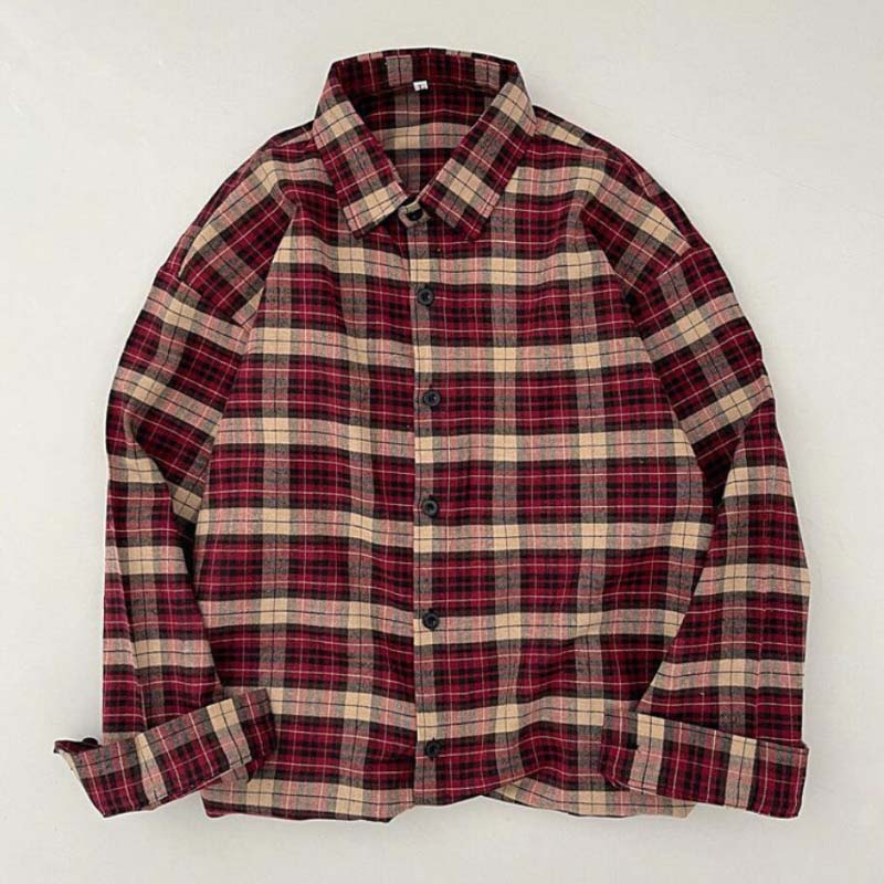 Vintage Plaid Shirts Fashion Button Up Spring Shirt Long Sleeve Turn Down Collar Tops Loose Oversize Ladies Tops