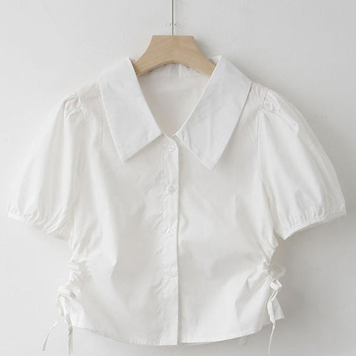 Load image into Gallery viewer, Button Up Women Shirts Puff Sleeve Summer White Ladies Crop Tops White Fashion Lace Up Turn Down Collar Female Tops
