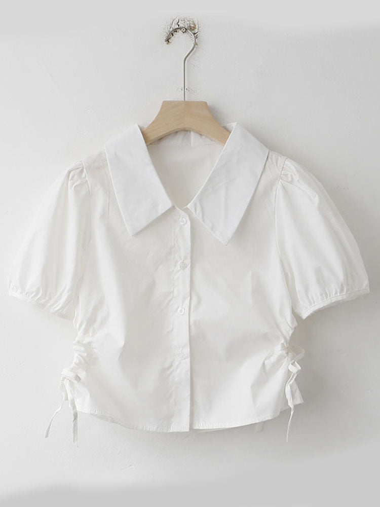 Button Up Women Shirts Puff Sleeve Summer White Ladies Crop Tops White Fashion Lace Up Turn Down Collar Female Tops