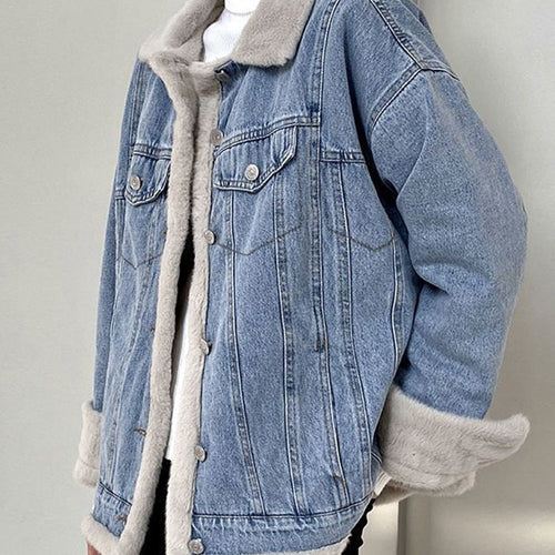 Load image into Gallery viewer, Winter Thicken Denim Jacket Women Loose Casual Warm Jeans Coats Street Wear Fur Collar Long Sleeves Female Clothes
