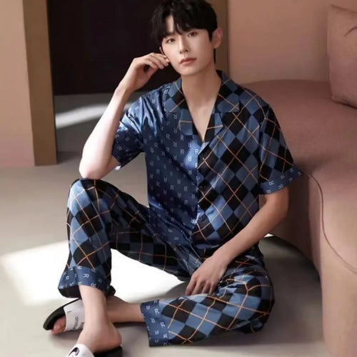 Load image into Gallery viewer, Men&#39;s Spring Autumn Sleepwear Youth Large Homewear Luxury Contrast Color Urban Leisure Comfortable Boys&#39; Pajama Set
