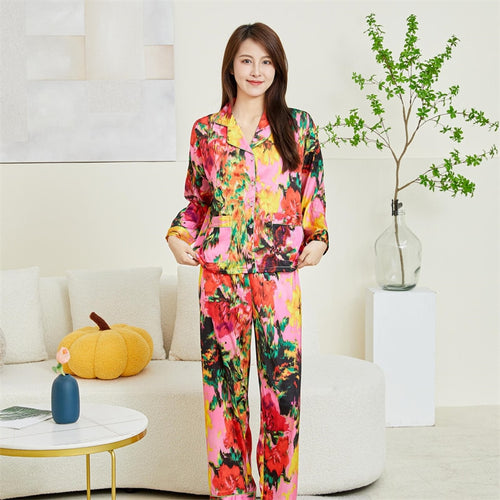Load image into Gallery viewer, Women&#39;s Spring Autumn Silk Like Pajamas Polo Collar Long Sleeve Pants Two Piece Set Colorful Printed Fashion Home Suit
