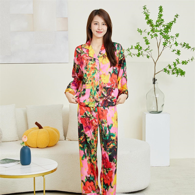 Women's Spring Autumn Silk Like Pajamas Polo Collar Long Sleeve Pants Two Piece Set Colorful Printed Fashion Home Suit