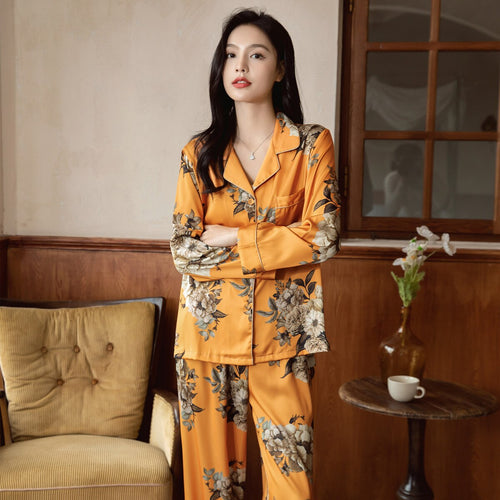 Load image into Gallery viewer, High Quality Women&#39;s Pajamas Set Luxury Golden Floral Print Sleepwear Silky Touch Nightwear Leisure Homewear Femme
