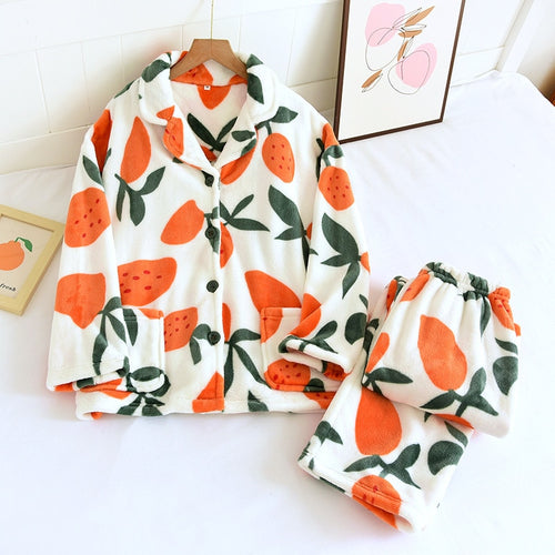 Load image into Gallery viewer, Women&#39;s Pajamas Set Warm Flannel Orange Print Sleepwear Casual Homewear V Neck Nightwear Femme New for Winter
