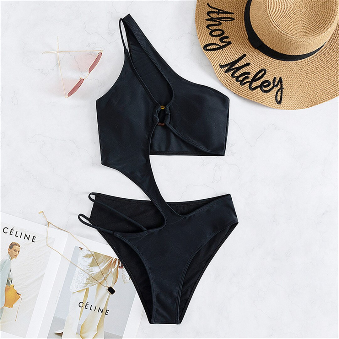 Sexy Asymmetric Cut Out One Shoulder Women Swimwear One Piece Swimsuit Female Padded Bather Bathing Suit Swim Lady V3550