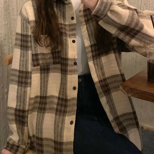 Load image into Gallery viewer, Thick Women Plaid Shirts Korean Winter Warm Fleece Button Up Tops Vintage Turn Down Collar Loose Casual Woolen Female Coats
