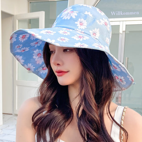 Load image into Gallery viewer, Summer Hats For Women Fashion Wide Brim Daisy Flower Print Design Sun Hat Sun Protection Travel Beach Bucket Hat
