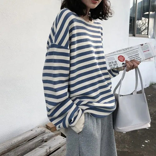 Load image into Gallery viewer, Fashion Striped Women Sweatshirt Harajuku Casual O Neck Cotton Tops Spring Long Sleeve Blue Oversized Female Hoodies
