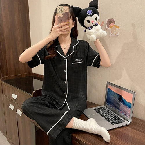 Load image into Gallery viewer, Lapel Neck Silk Like Pajamas Women&#39;s Summer Cool Silky Slim Thousand-bird Lattice Jacquard Short Sleeve Pants Home Suit
