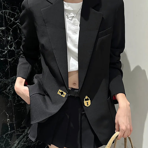 Load image into Gallery viewer, Solid Minimalist Blazeers For Women Notched Collar Long Sleeve Patchwork Pockets Loose Blazer Female Clothing
