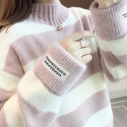 Load image into Gallery viewer, Women Half Turtleneck Sweater Autumn Fashion Striped Loose Pullover Knit Jumper Long Sleeve Letter Top Casual Warm Blouse
