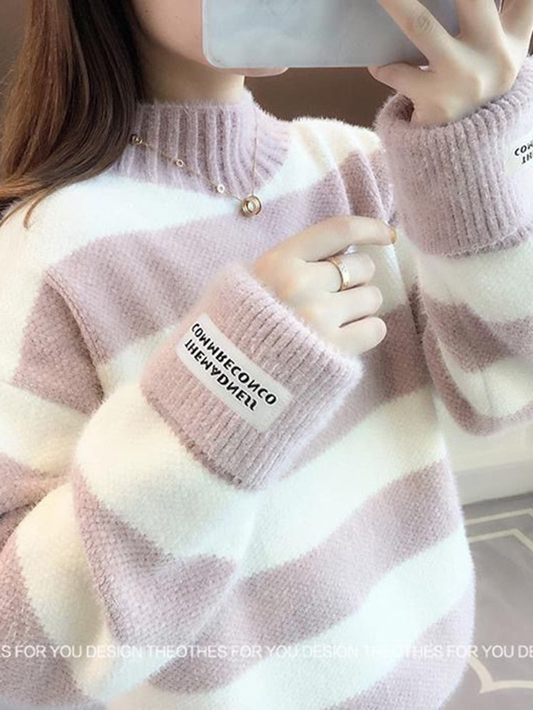 Women Half Turtleneck Sweater Autumn Fashion Striped Loose Pullover Knit Jumper Long Sleeve Letter Top Casual Warm Blouse