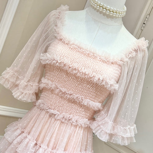 Load image into Gallery viewer, Ruffles Solid Dresses For Women Square Collar Short Sleeve High Waist Folds Elegant Dress Female Fashion Clothing
