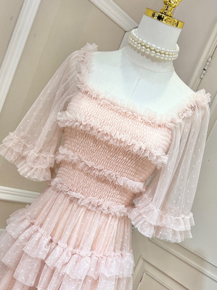 Ruffles Solid Dresses For Women Square Collar Short Sleeve High Waist Folds Elegant Dress Female Fashion Clothing