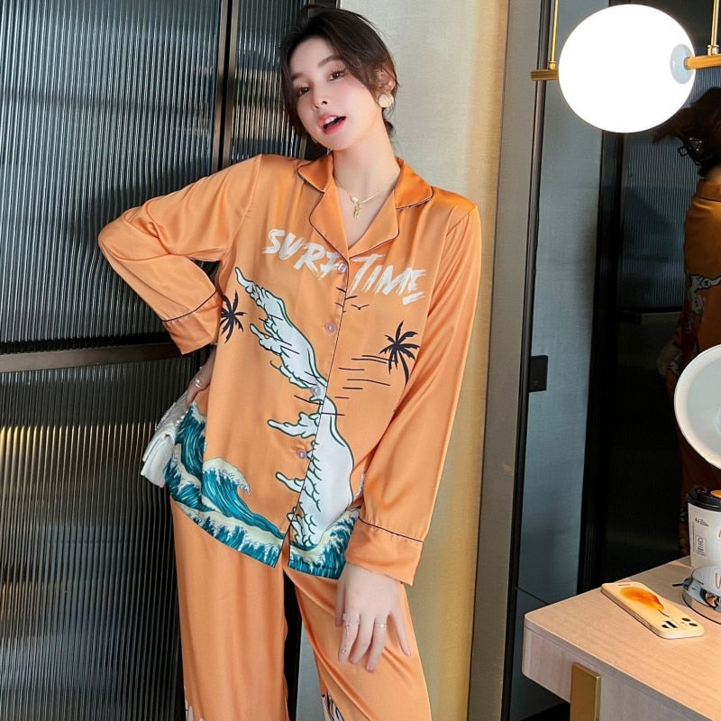 Women's Imitation Silk Pajamas Spring Autumn Thin Print Long Sleeve Pants Cardigan Set Comfortable Casual Home Suit