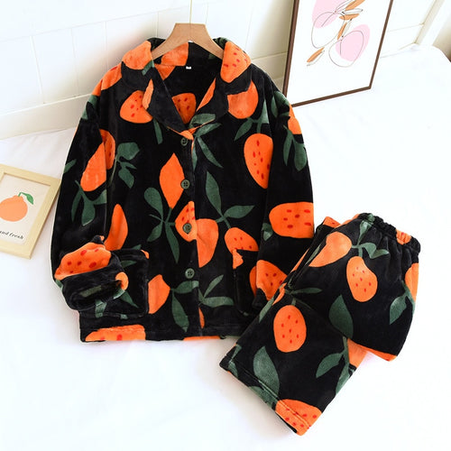 Load image into Gallery viewer, Women&#39;s Pajamas Set Warm Flannel Orange Print Sleepwear Casual Homewear V Neck Nightwear Femme New for Winter
