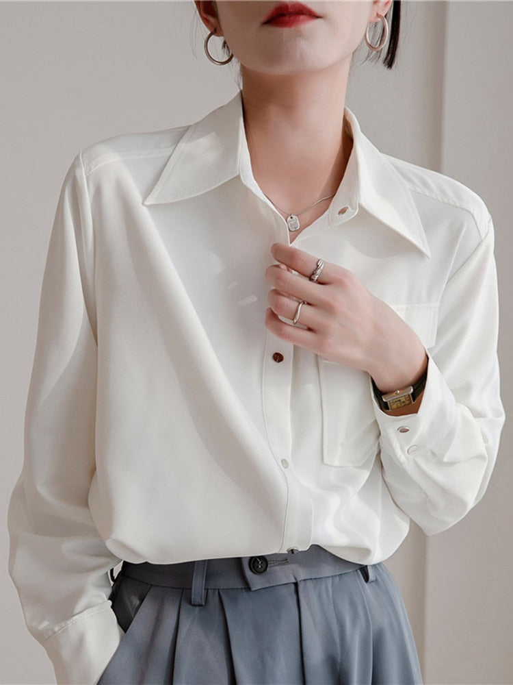 Chiffon Women Shirt White Office Ladies Button Up Long Sleeve Blouse Summer Fashion Turn Down Designed Female Tops