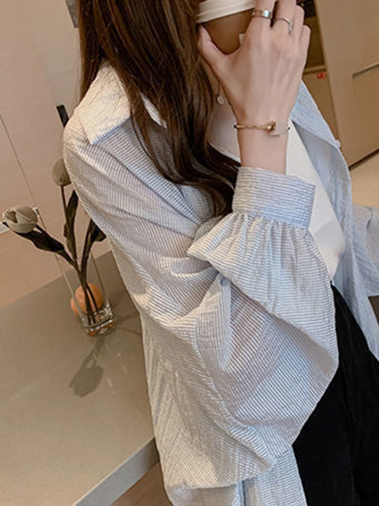 Thin Summer Women Long Shirts Long Sleeve Loose Korean  Oversize Sun Protection Shirt Fashion Button Casual Female Tops