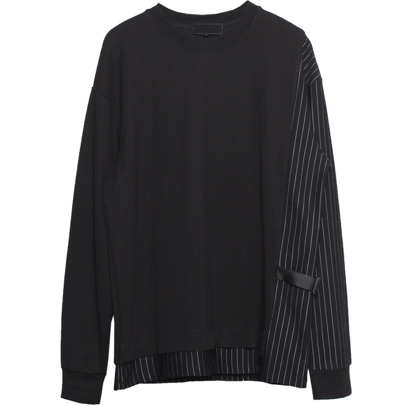 Men Sweatshirt Streetwear Autumn Striped Patchwork Design Fake Two Pieces Sweat Shirt Fashion Harajuku O-Neck Pullover