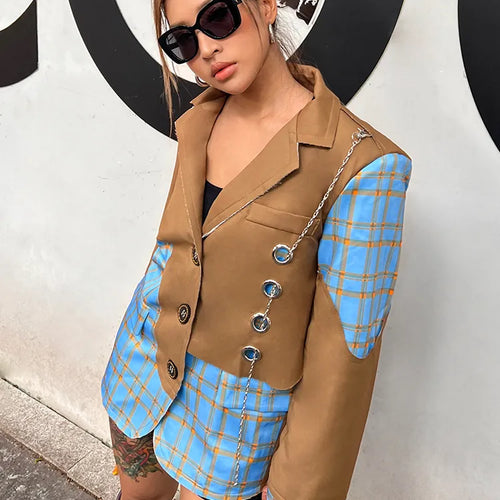 Load image into Gallery viewer, Patchwork Chain Blazer For Women Notched Long Sleeve Plaid Colorblock Loose Blazers Female Autumn Fashion Clothing
