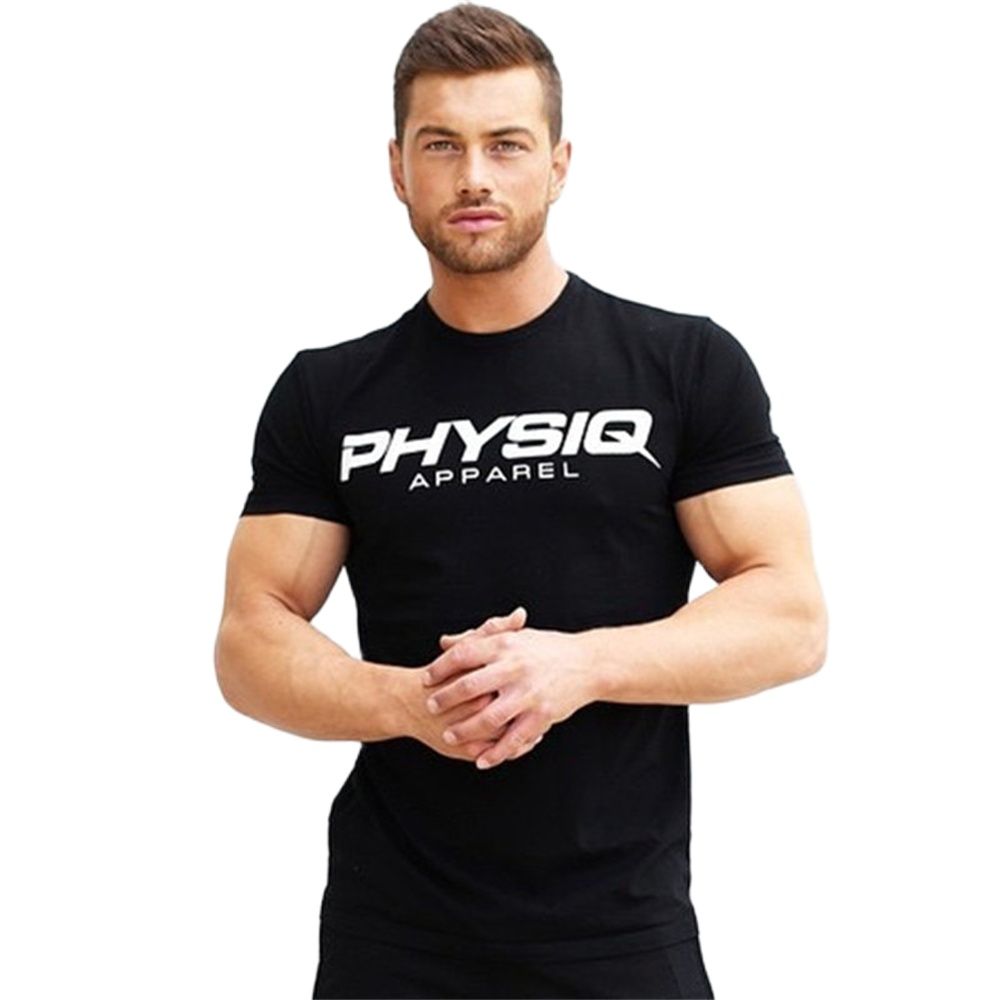 Men Casual Cotton T-shirt Gym Fitness Bodybuilding Short Sleeves Tees Tops Summer Male Black Print Training Clothing