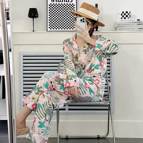 Load image into Gallery viewer, Women&#39;s Imitation Silk Pajamas Fashion Leopard Print Long Sleeved Pants Sleepwear Set Breathable Cardigan Lapel Homewear
