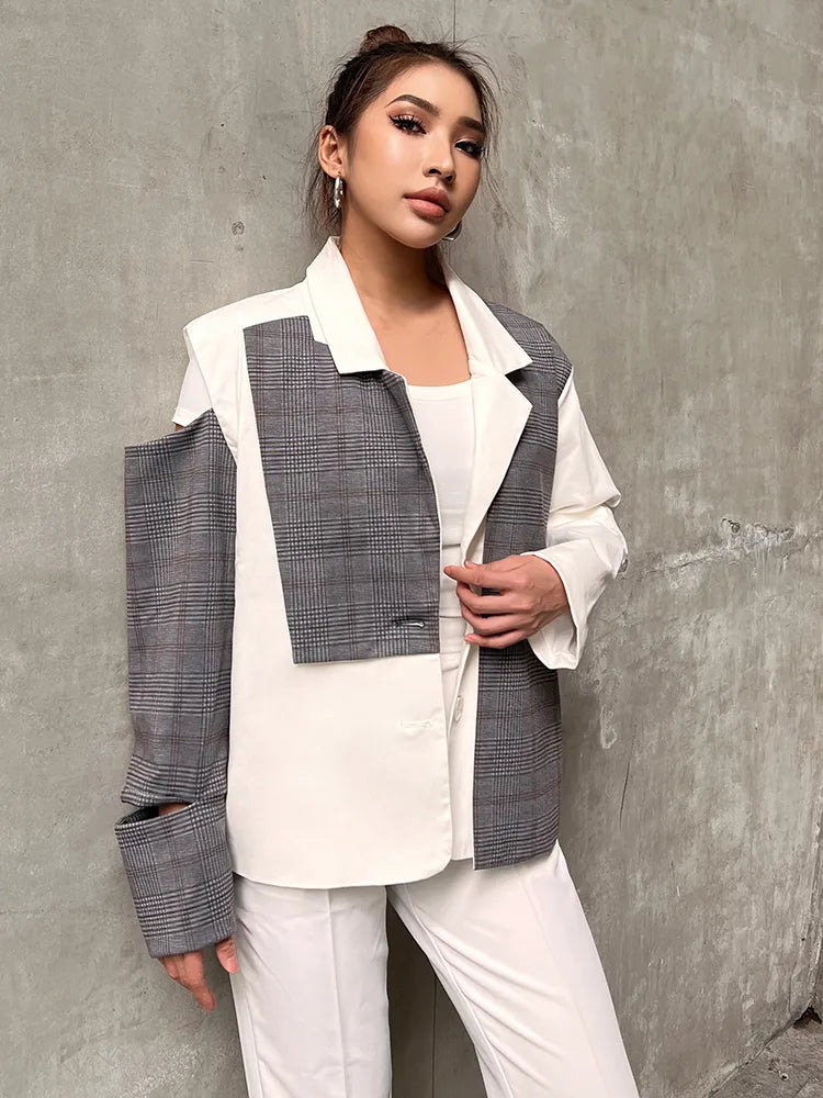 Streetwear Patchwork Plaid Blazer For Women Notched Collar Long Sleeve Colorblock Blazers Female Autumn Clothes