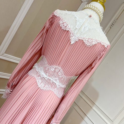 Load image into Gallery viewer, Colorblock Patchwork Lace Up A Line Dresses For Women Round Neck Lantern Sleeve High Waist Embroidery Dress Female
