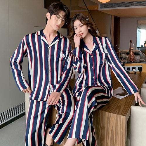 Load image into Gallery viewer, Ice Silk Couple Pajamas Women&#39;s Fashion Stripe Long Sleeve Pants 2-piece Suit Men&#39;s Large Size Satin Home Clothes
