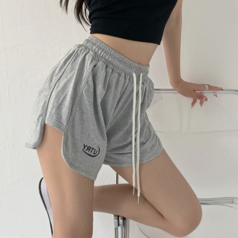 Summer Women Sweat Shorts Fashion Letter Elastic High Waist Loose Joggers Shorts Korean Designed Grey Wide Leg Shorts