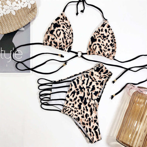 Load image into Gallery viewer, Leopard Asymmetrical Female Swimsuit High Waist Bikini Women Swimwear Two-pieces Bikini set Bather Bathing Suit Swim V1810L
