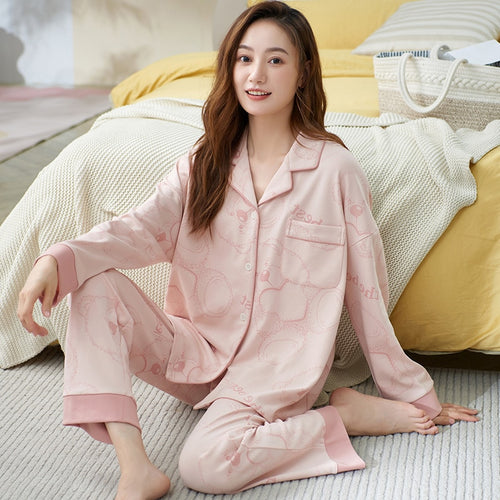 Load image into Gallery viewer, High Quality Women&#39;s Pajamas Set Fashion Cartoon Print Leisure Cotton Sleepwear Long Casual Homewear Nightwear Femme 3XL
