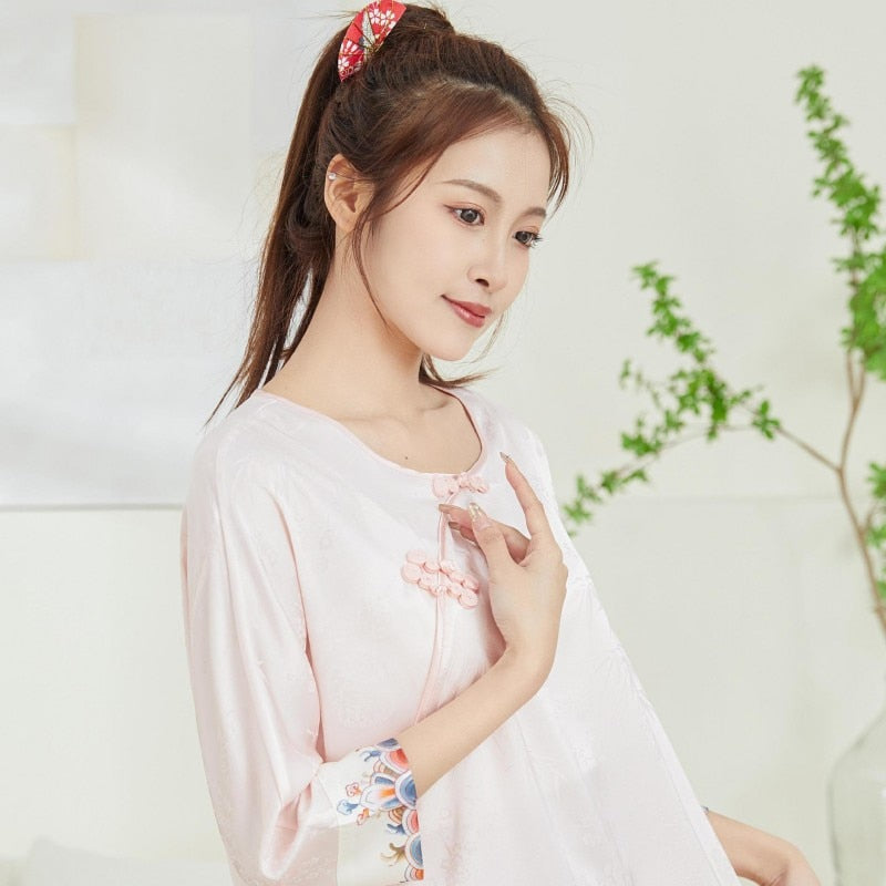 Women Imitation Silk Chinese Style Pajama Spring Summer Long Sleeve Fashion Satin Jacquard Casual Home Clothing Set