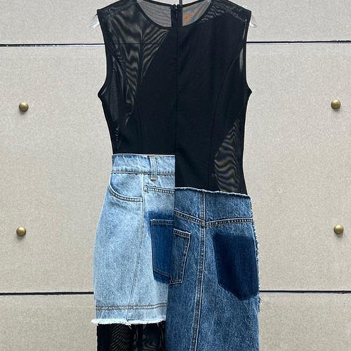 Load image into Gallery viewer, Colorblock Patchwork Denim Designer Dresses For Women Round Neck Sleeveless High Waist Spliced Pockets Dress Female
