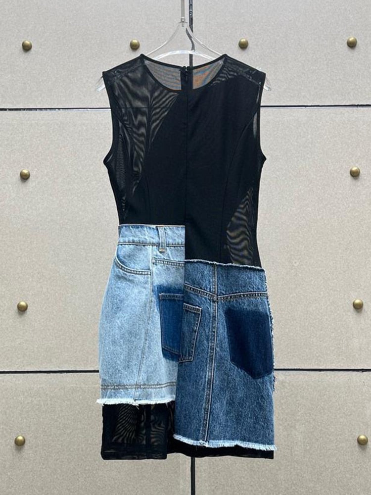 Colorblock Patchwork Denim Designer Dresses For Women Round Neck Sleeveless High Waist Spliced Pockets Dress Female