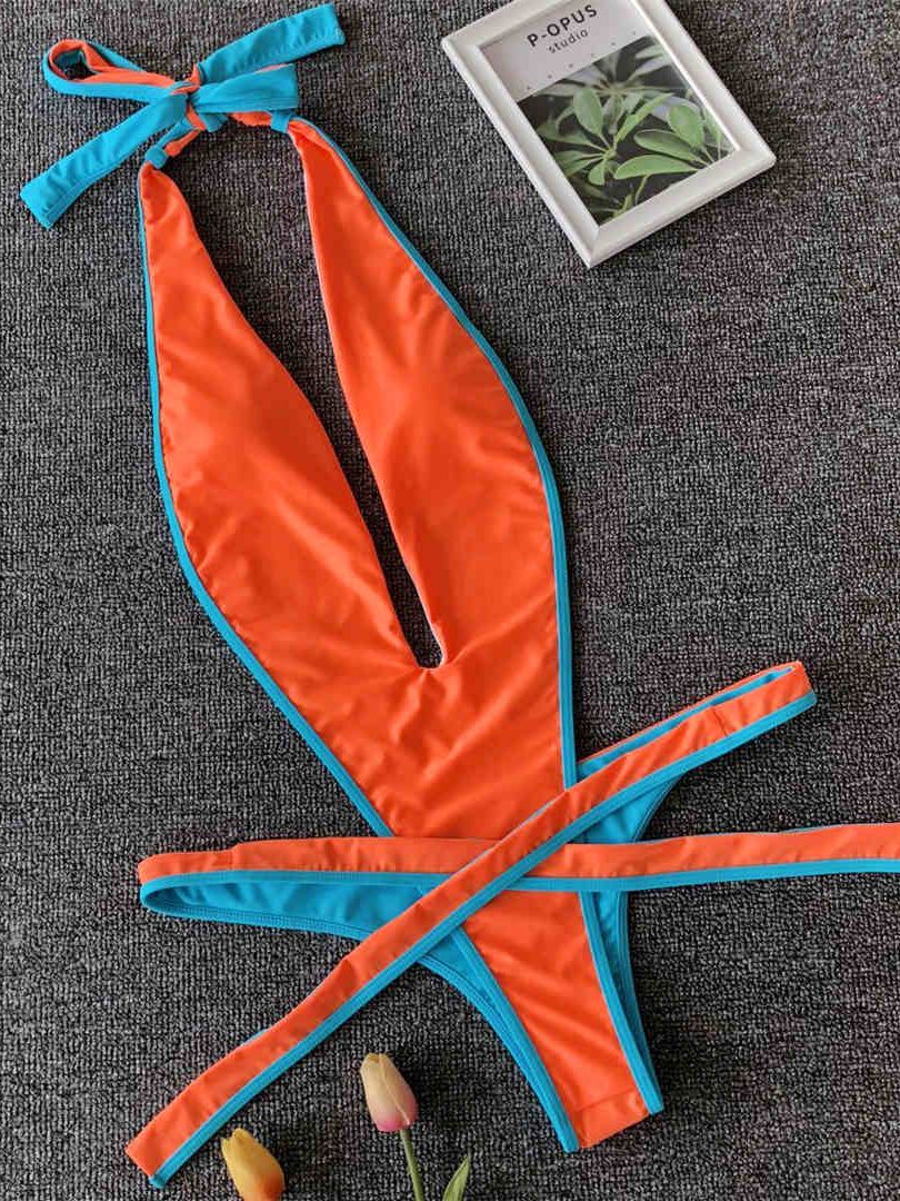 Neon Green Women Swimwear High Cut Backless One Piece Swimsuit Female Bather Sexy Halter Bathing Suit Swim Monokini V1336G