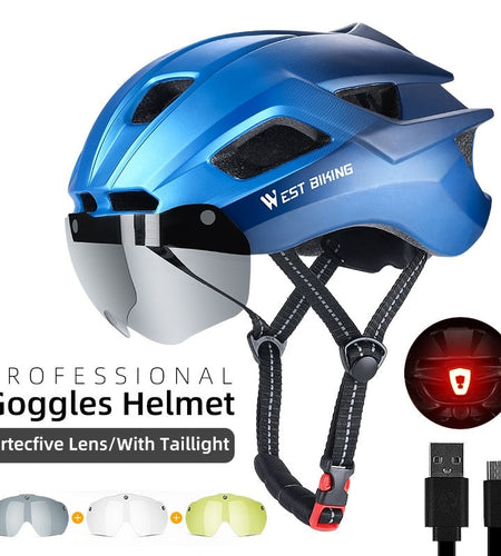 Cycling Helmet With Taillight Goggles Sun Visor Lens Men Women Safety EPS MTB Road Bike Motorcycle Bicycle Helmet