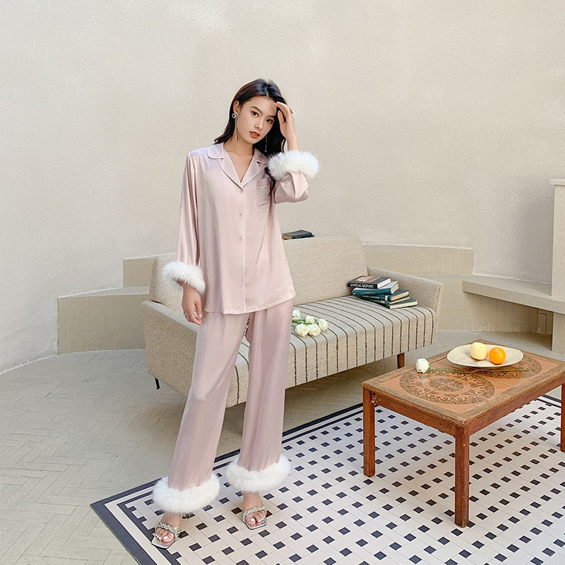 Luxury Pajamas Women's Spring Summer Feather Splicing Satin Chiffon Home Clothes Female Casual Long Sleeve Sleepwear Set