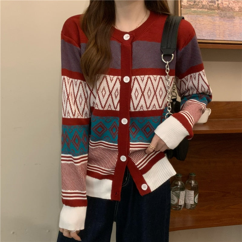 Fashion Argyle Plaid Women Cardigan Sweater Casual O Neck New 2022 Long Sleeve Knit Cardigans Red Korean Loose Fall Coats