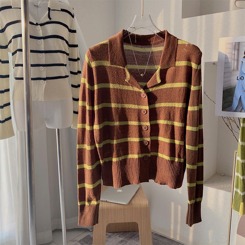 Load image into Gallery viewer, Vintage Striped Women Cardigan Sweater Loose Casual Fall Long Sleeve Button Up Korean Turn Down Collar Thin Knitted Coat
