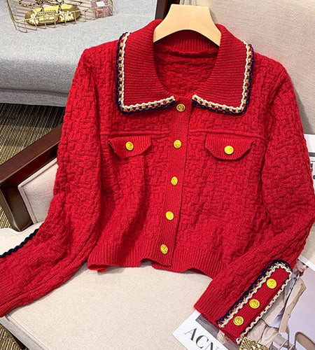 Fashion Button Up Women Cardigan Knitted Korean Turn Down Collar Red Sweater Fall Chic Short Jacket Elegant Ladies Coats