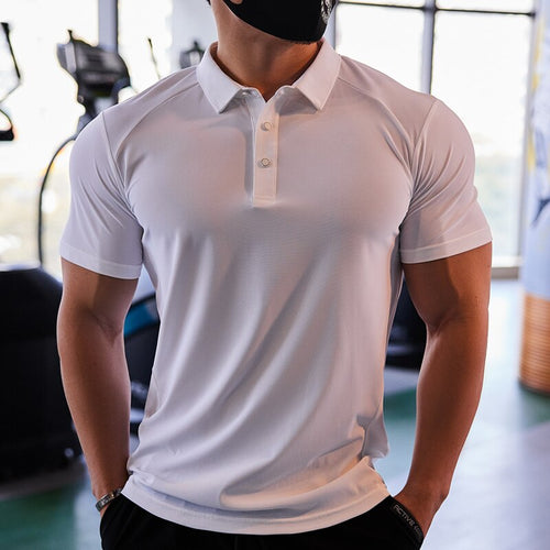 Load image into Gallery viewer, Men Fitness Workout Skinny Short Sleeve T-shirt Male Bodybuilding Tee Shirt Sports Polos Lapel Casual Sports Quick Dry Clothes
